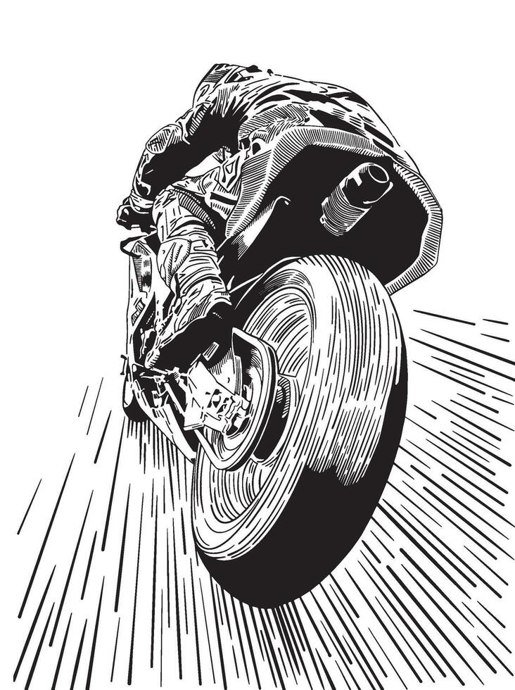 Pen and ink, hand drawn, illustration of motorcycle racer speeding on the track. vector