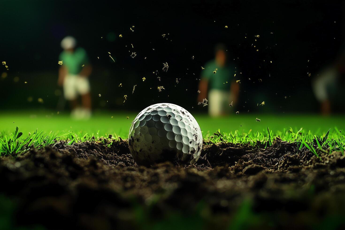 Golf ball stuck in mud with players in background photo