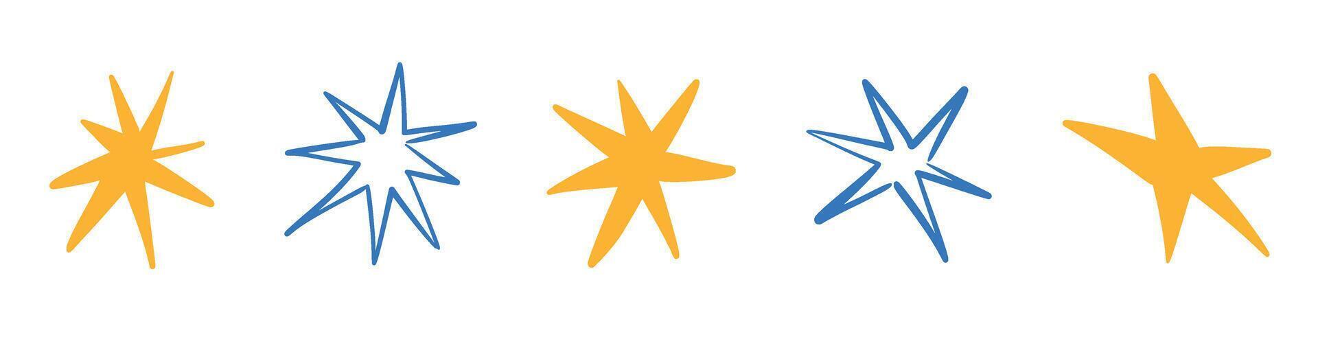 Blue and yellow hand-drawn star doodles with brush and crayon textures. Sketchy line patterns, graphic marker elements. Flat illustration isolated on white background. vector