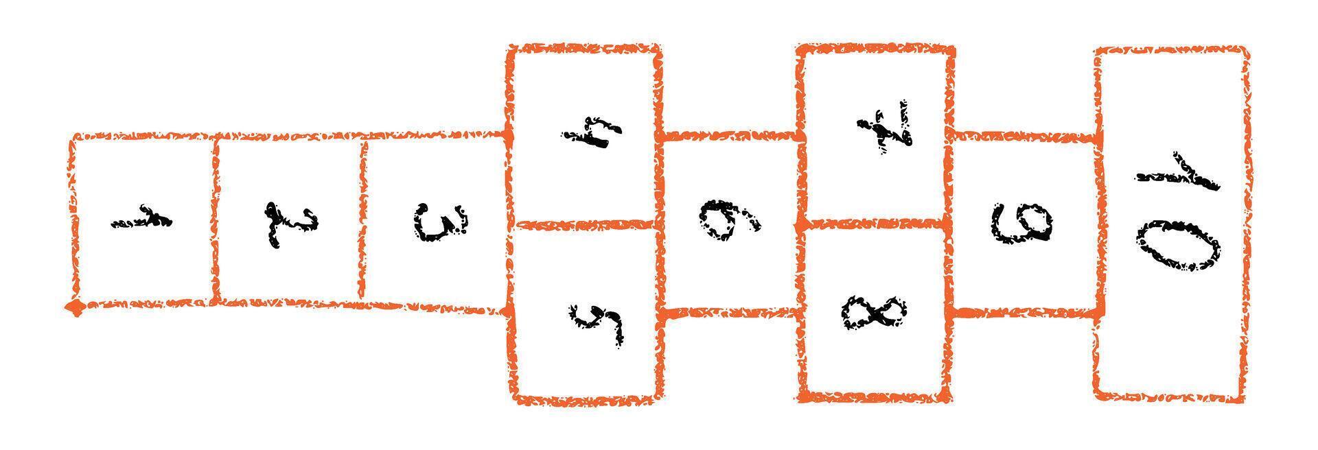 hopscotch game with squares, active child playing outside on schoolyard or playground, fun outdoor activity for kids. Flat illustration isolated on white background. vector