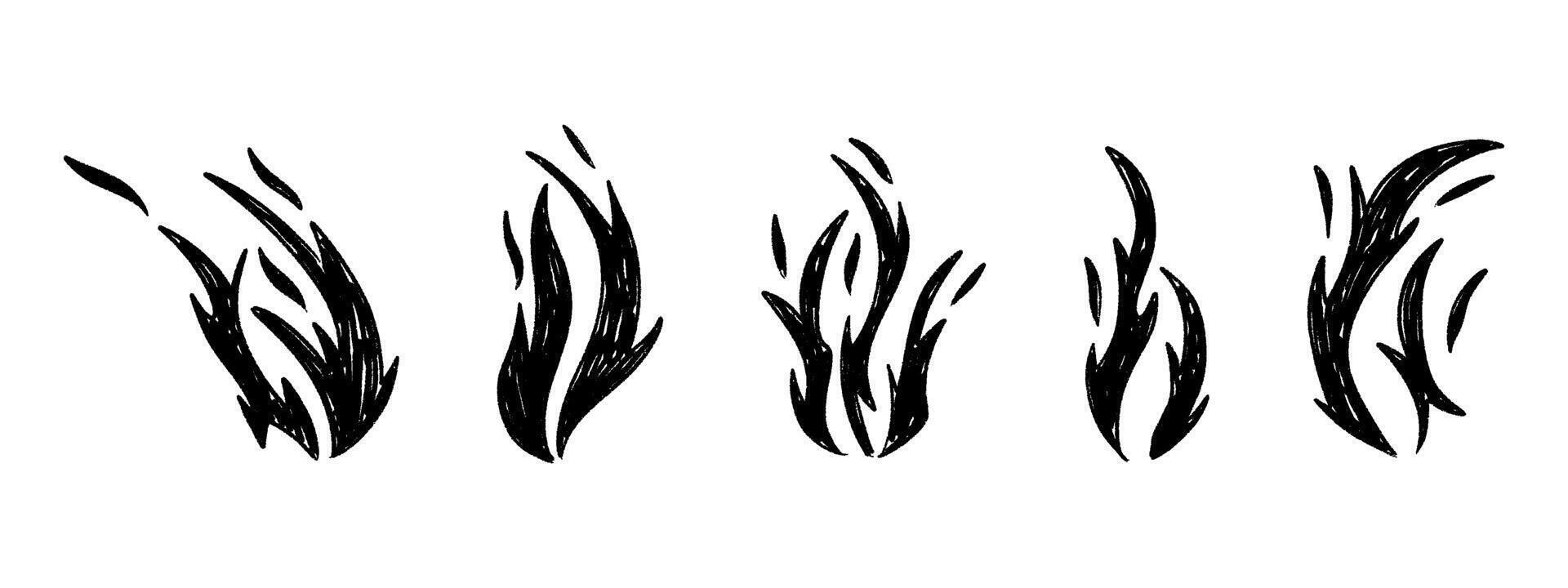 Hand drawn tribal flame with retro rock vibe. Devilish fire sketch in black silhouette. Flat illustration isolated on white background. vector