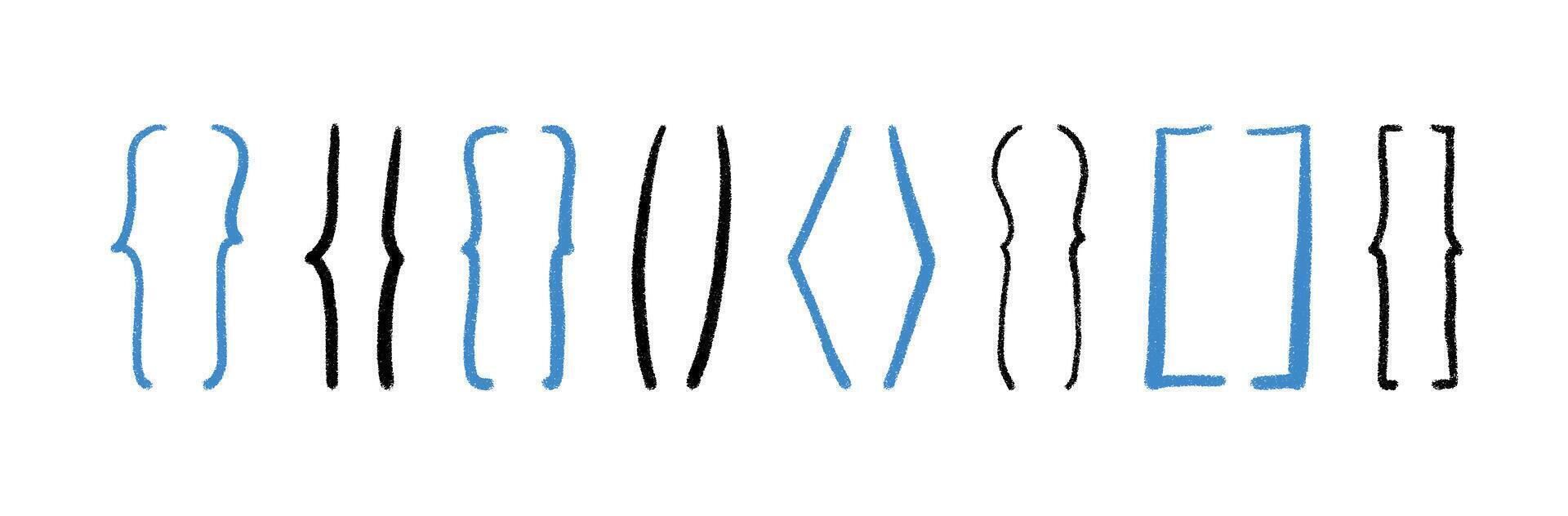 Hand-drawn curly brackets and parenthesis symbols. Typography icons doodle, square braces, text frames and punctuation figures. Flat illustration isolated on white background. vector