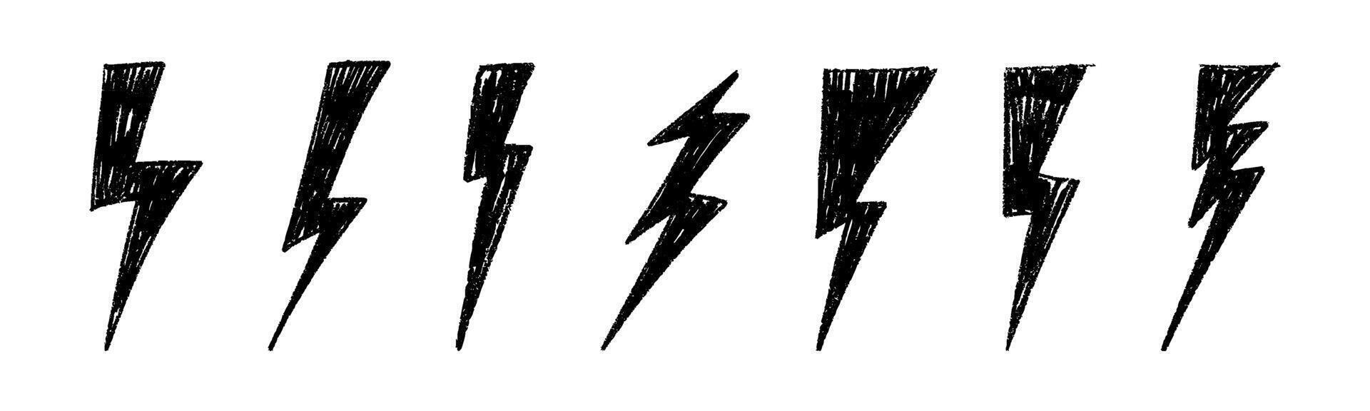 Hand-drawn lightning bolt icon with electric energy effect. Cartoon thunderbolt sketch, power flash symbol or doodle sign. Flat illustration isolated on white background. vector