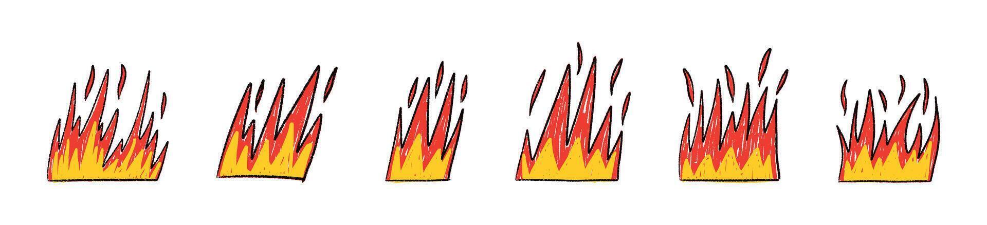 Tribal hand flame with red rock silhouette. Handdrawn fire sketch in retro devil style. Flat illustration isolated on white background. vector