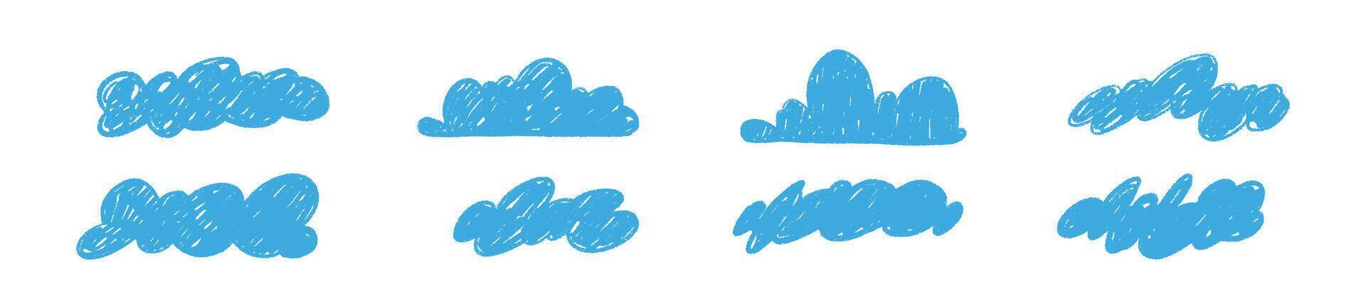 Pastel crayon clouds with chalky texture. Kid-friendly sky elements. Flat illustration isolated on white background. vector