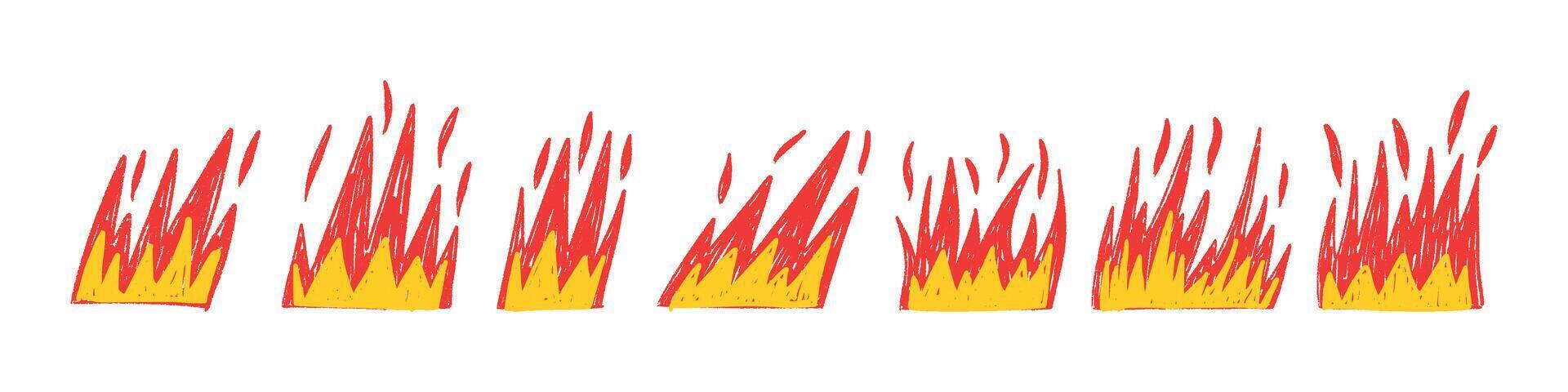 Handdrawn flame graphic with bold fire silhouette. Hot red and yellow symbol for grill logos. Flat illustration isolated on white background. vector