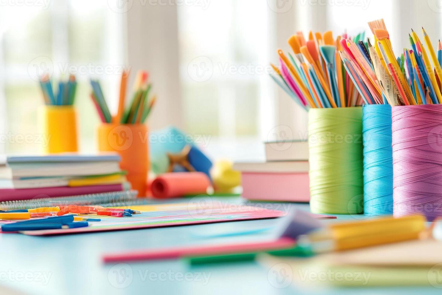 Colorful ribbons and craft supplies cover the table, creating an inviting atmosphere for creativity and fun photo
