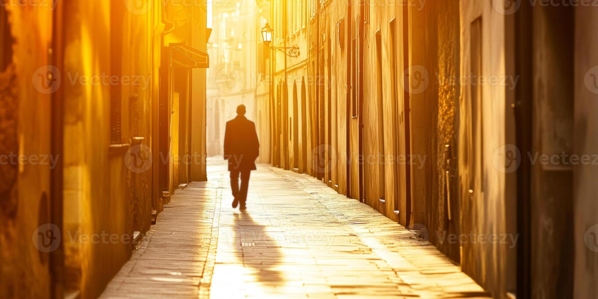 A solitary person walks down a narrow alleyway, shadows stretching under a warm streetlamp photo