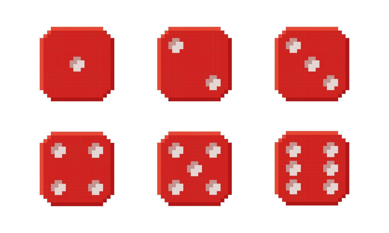 Set of pixel art red dice roll showing numbers 1 to 6. Playing cube sides for board casino game. Retro, 8-bit style isometric pixel graphics. Perfect for games, UI design, and digital projects. vector