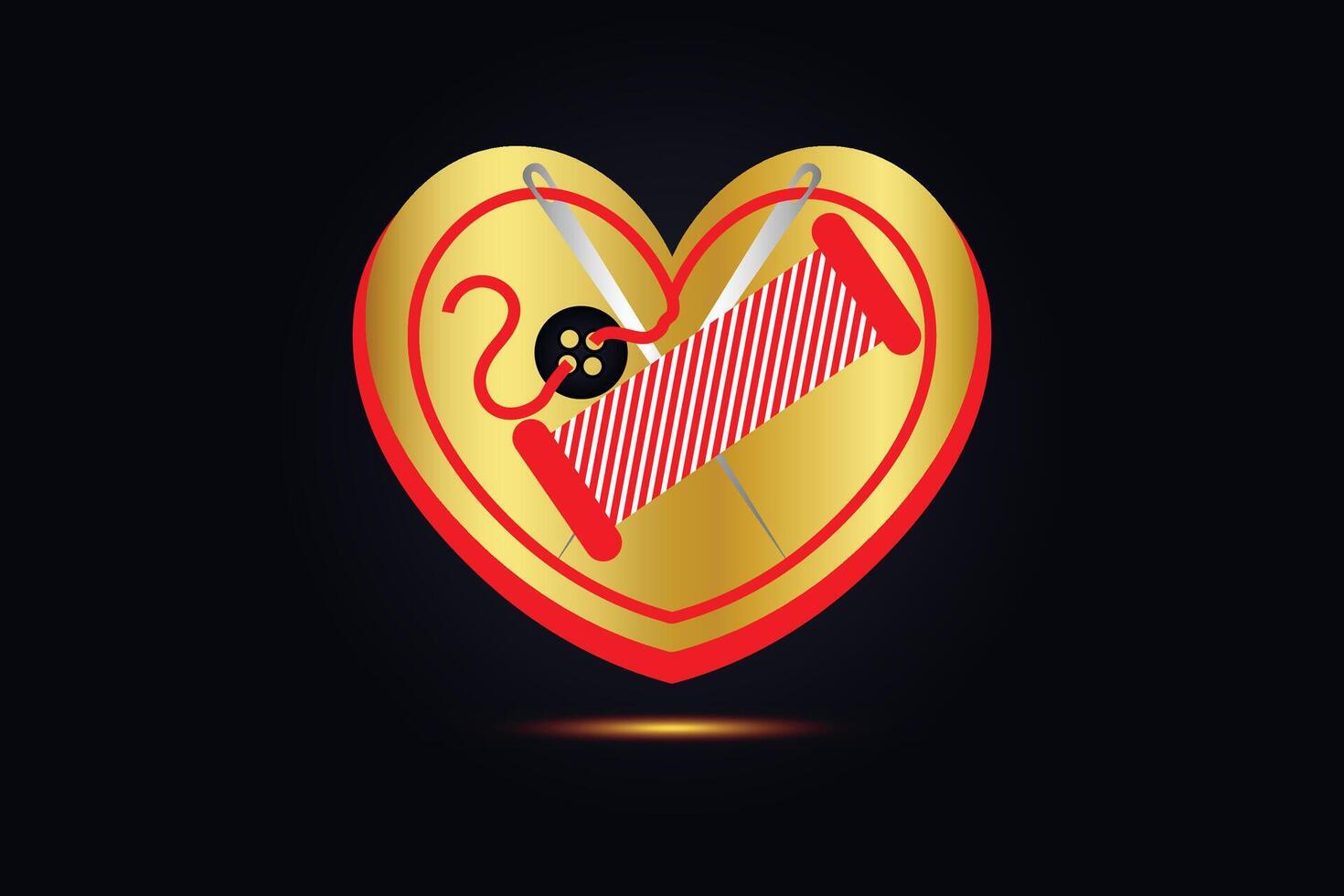 Heart-shaped Sewing Icon with Golden and Red Elements. vector