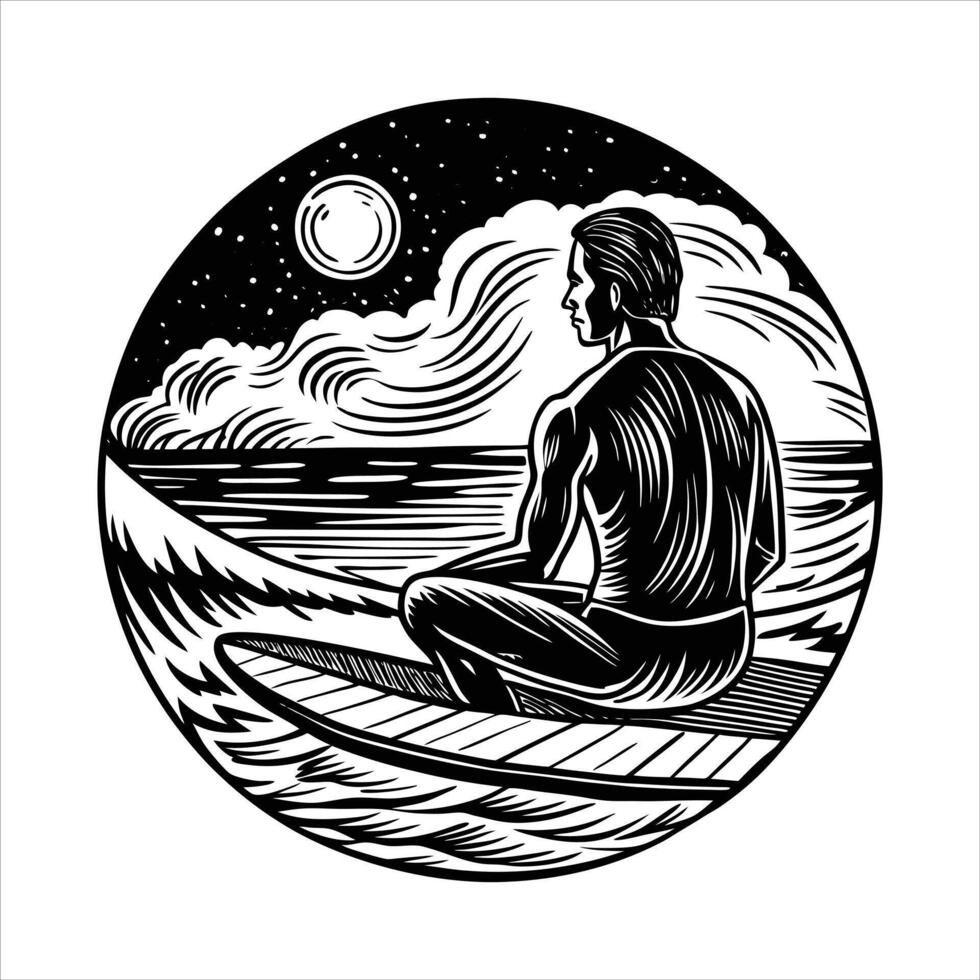 A surfer sits patiently vector