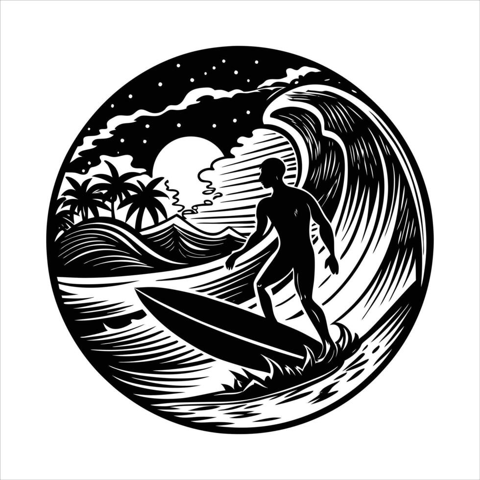 A drawing of a surfer riding vector