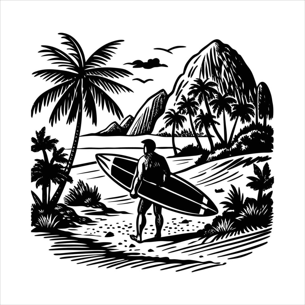Men With Surfboard Beach vector