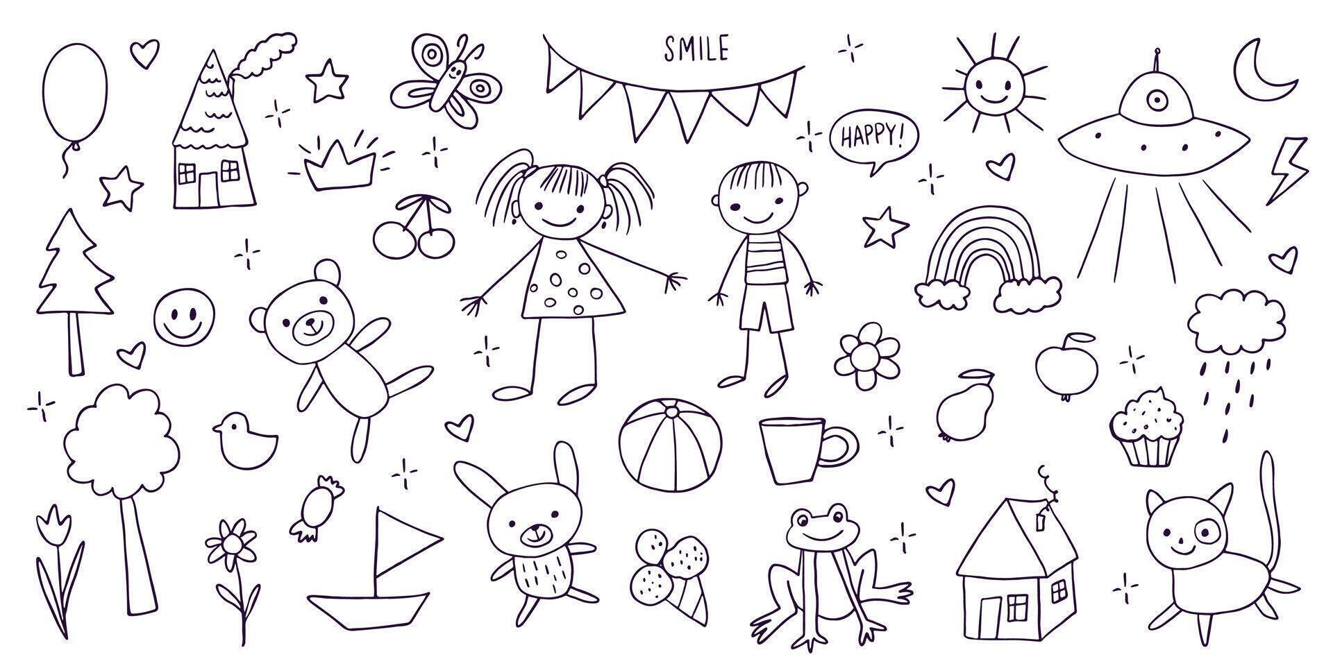 Hand-drawn and full of joy, this playful art is great for cards, books, prints, and kids' stuff. vector