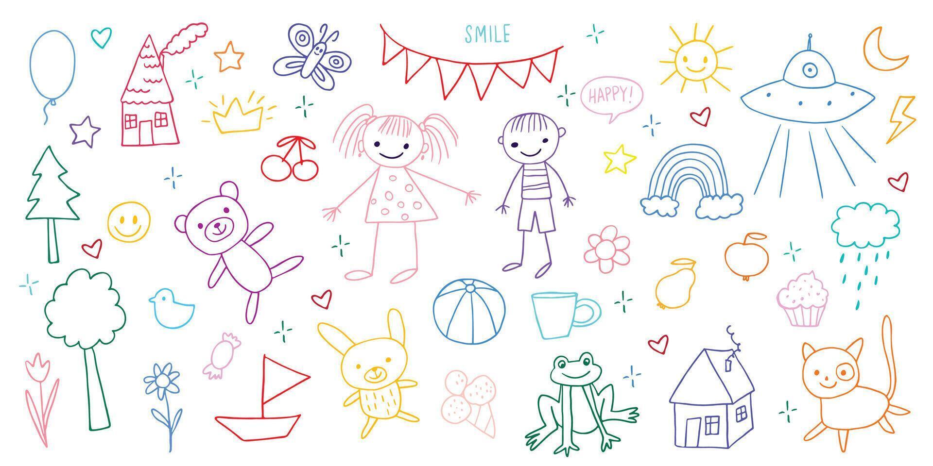 Cute kid scribble mega set in flat graphic design. Bundle elements of childish crayon doodle drawings vector