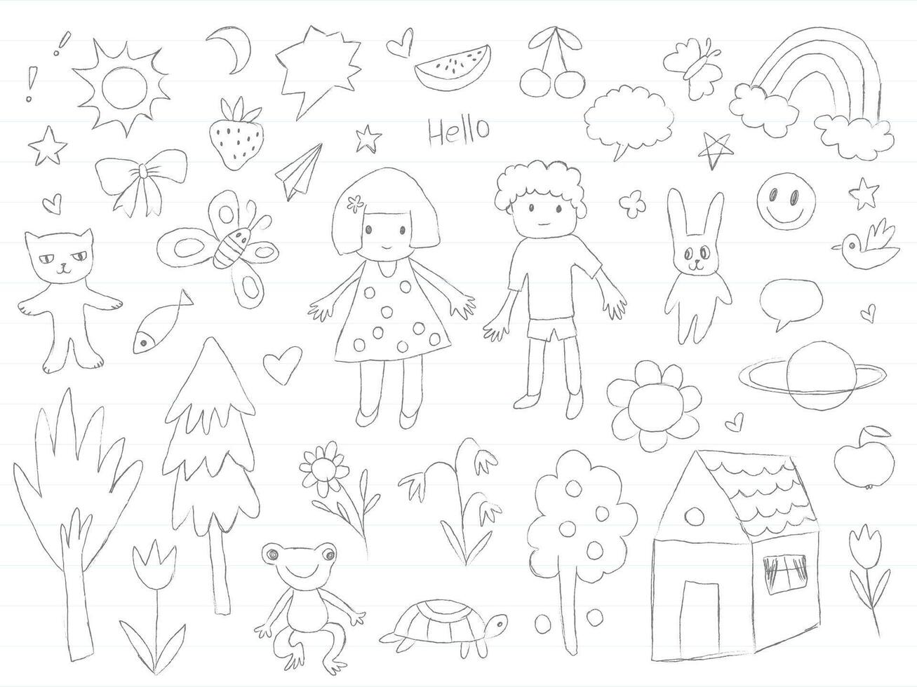 The simple pencil style lines create a nostalgic and charming effect. Perfect for coloring pages, children books, greeting cards, posters, scrapbooking vector