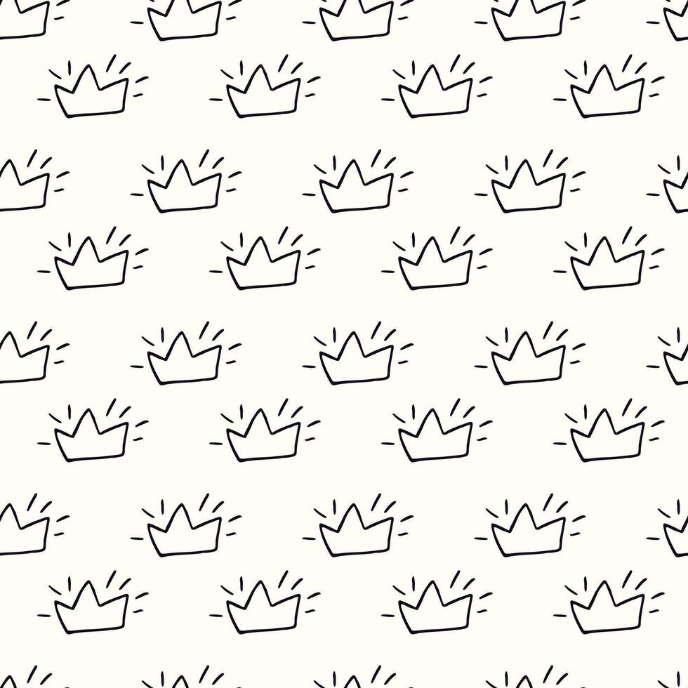 seamless pattern featuring hand-drawn crowns in black outlines on a light background vector