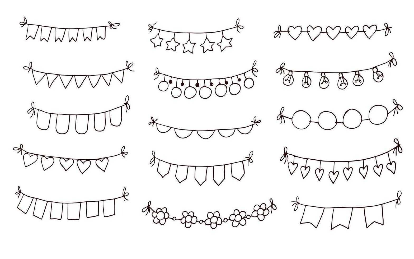 A hand-drawn collection of decorative garlands featuring various designs, including banners with flags, hearts, stars, circles, light bulbs, flowers, and festive elements. vector