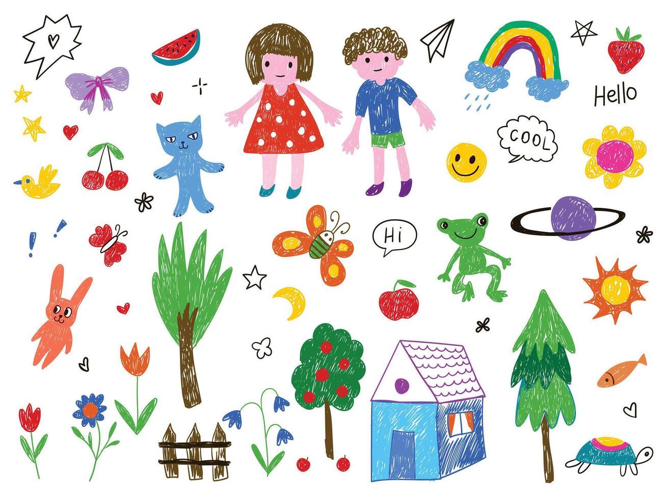 A whimsical and colorful set of children's doodles in a playful, hand-drawn style. vector