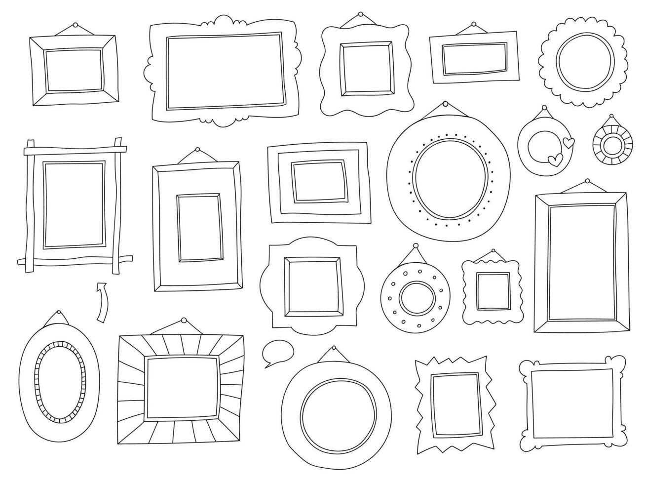 A collection of hand-drawn doodle frames in black outline on a white background. vector