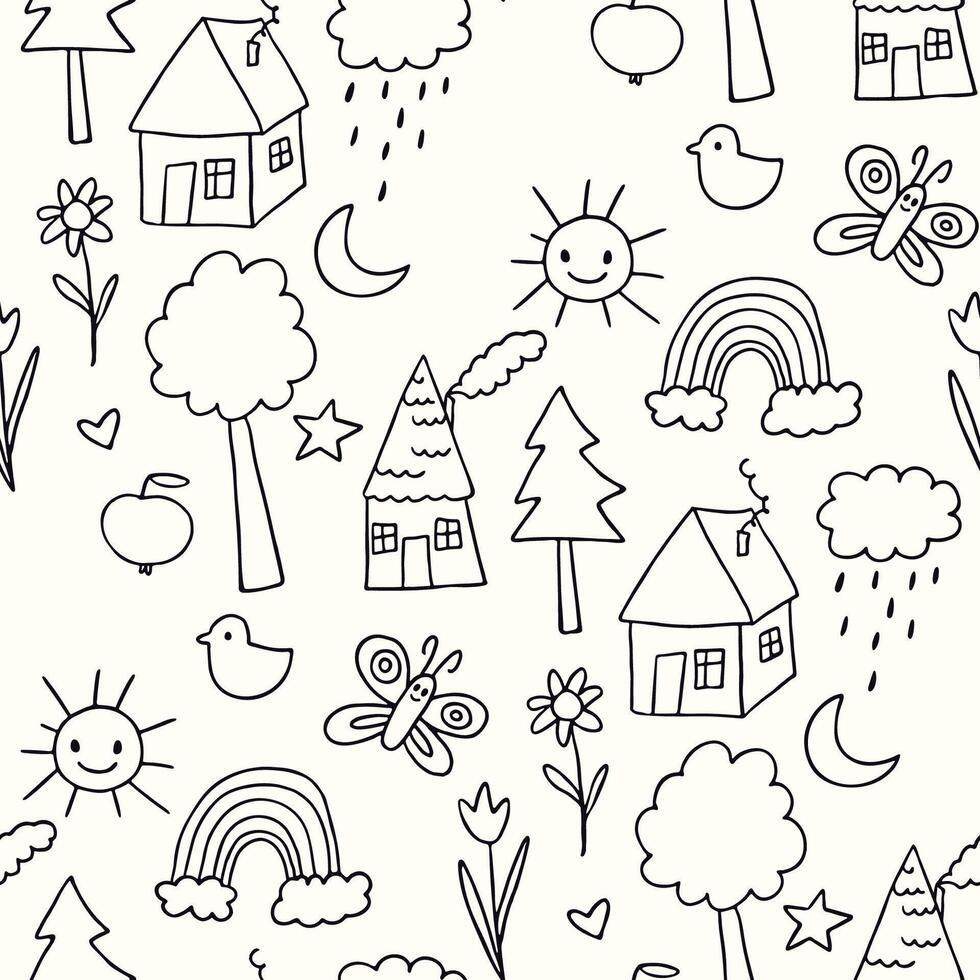 seamless hand-drawn doodle pattern featuring whimsical elements of nature and rural life vector