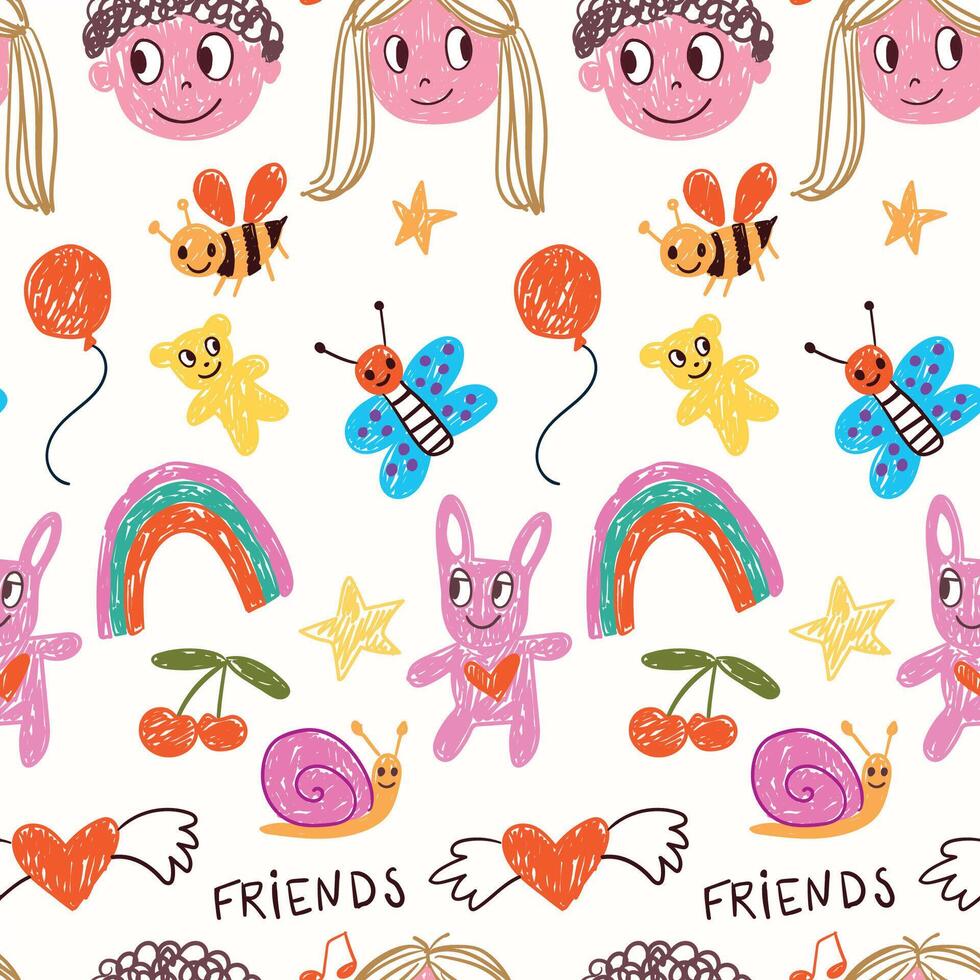 Seamless hand-drawn pattern with colorful doodles of smiling faces, animals, rainbows, hearts, stars, and playful elements. vector