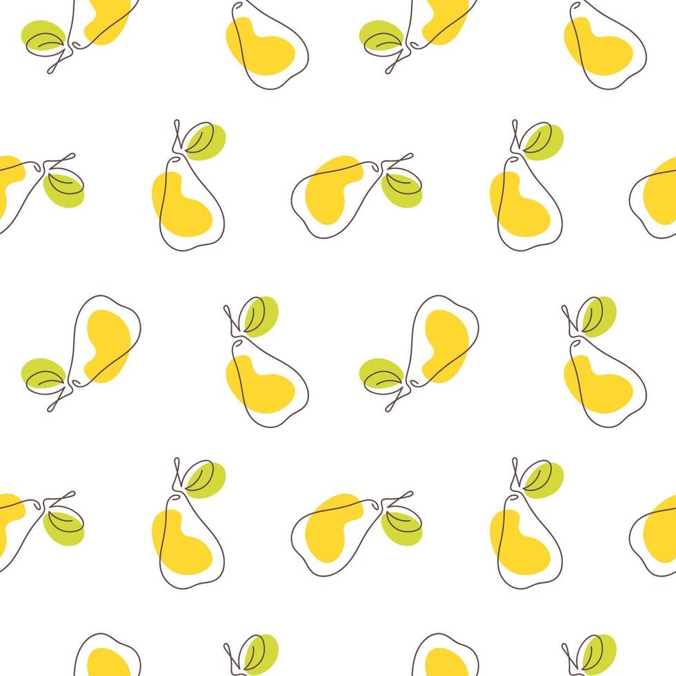 Pear seamless pattern in one continuous line drawing style. Colored spots. Simple modern pear seamless pattern for packaging design, textile, wallpaper, and so on vector