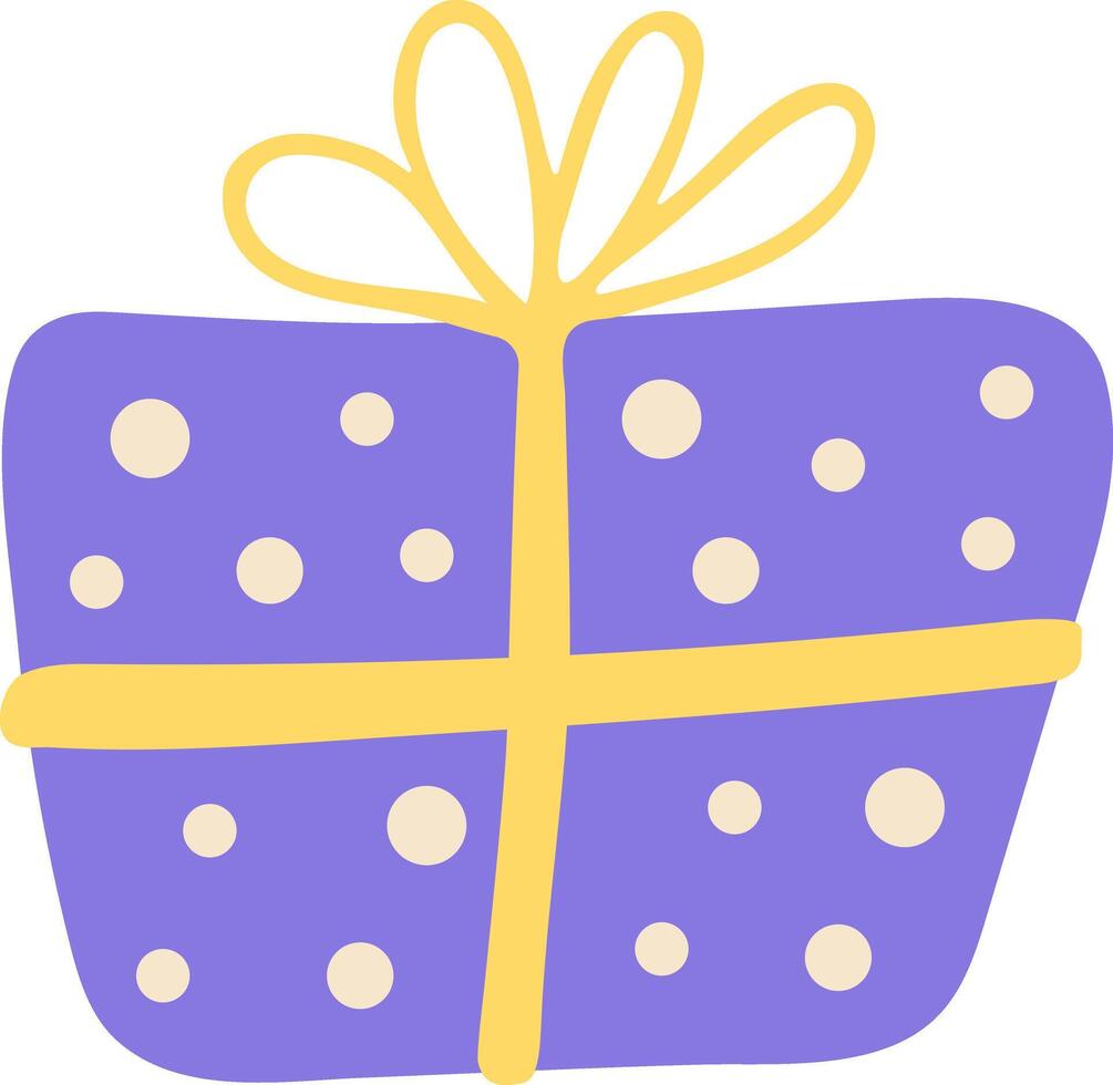 A festive purple box tied with a yellow bow with a polka dot pattern in a flat style. Colorful birthday present vector