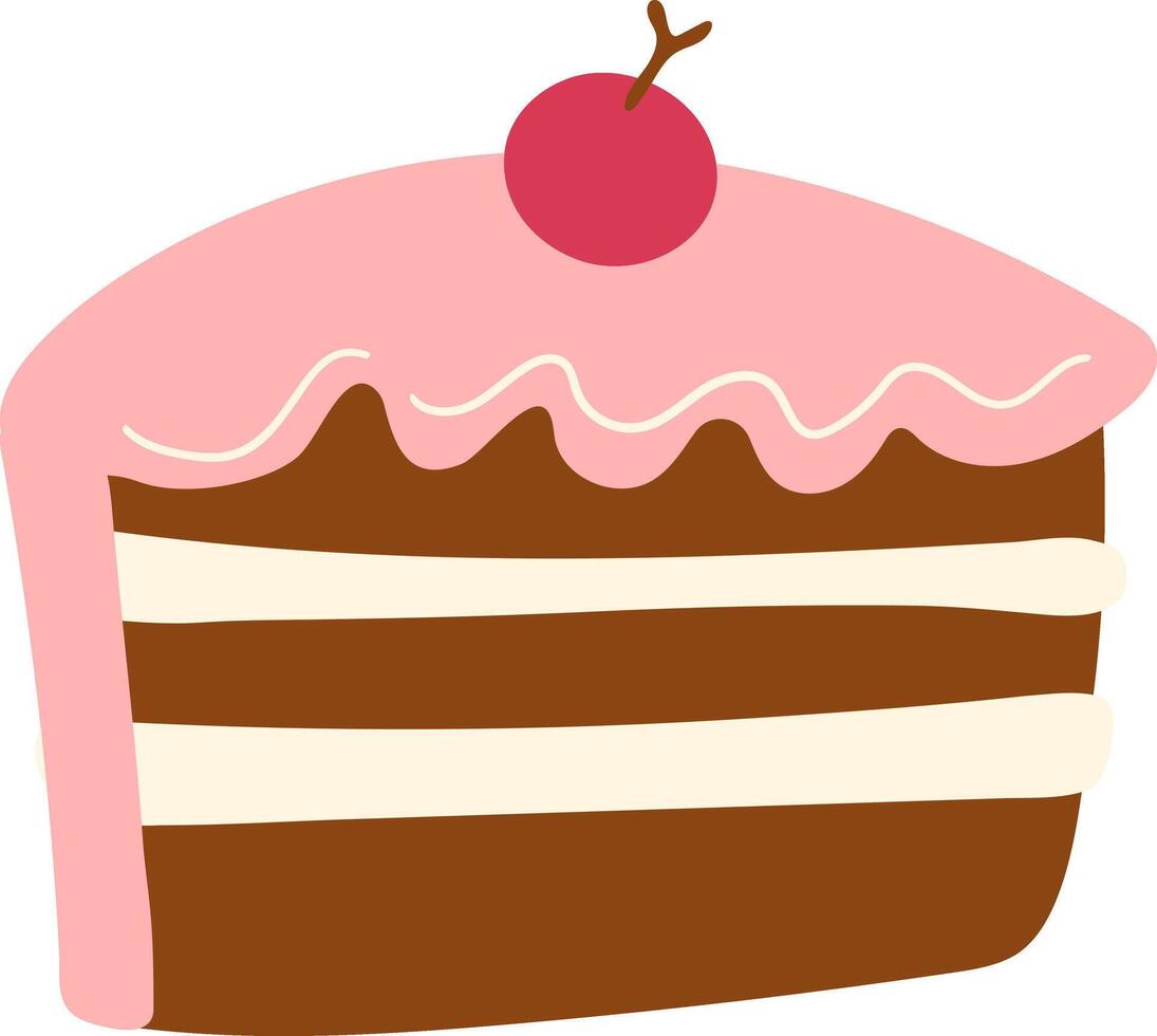 A chocolate cake slice with pink icing dripping on the sides and a cherry on top, flat style illustration, ideal for bakery menus, dessert designs, and party invitations vector