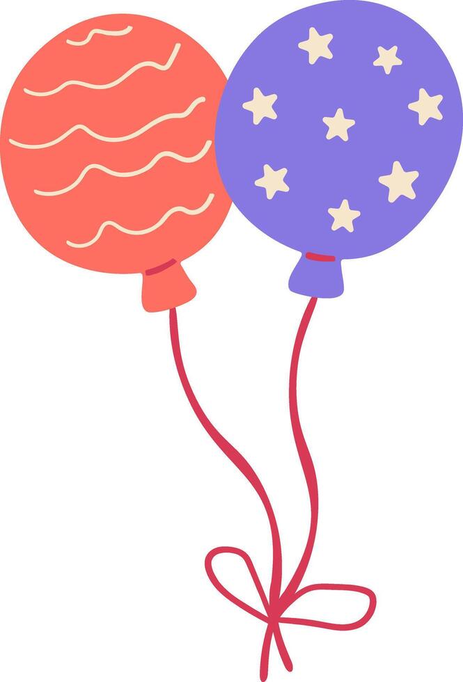 Two cute balloons with waves and stars for Birthday, Baby Shower, party , flat style, decoration for kids. Celebration festive clipart with string vector