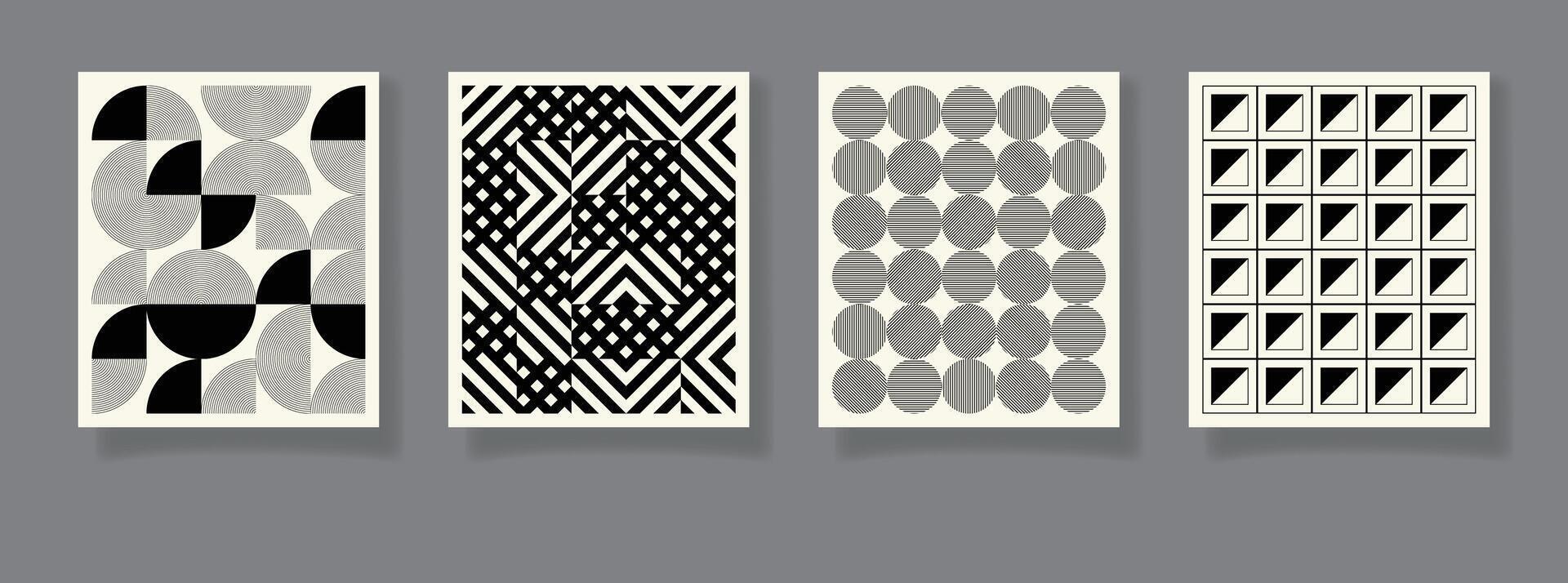 Retro set of 4 minimal vintage 20s geometric design posters, wall art, template, layout with primitive shapes elements. Bauhaus retro pattern background, abstract circle, triangle and square line art vector