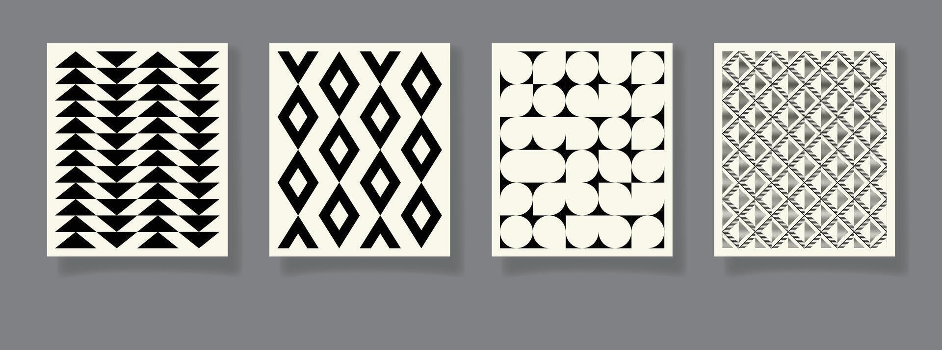 Set of 4 minimal vintage 20s geometric design posters, wall art, template, layout with primitive shapes elements. Bauhaus retro pattern background, abstract circle, triangle square line art vector