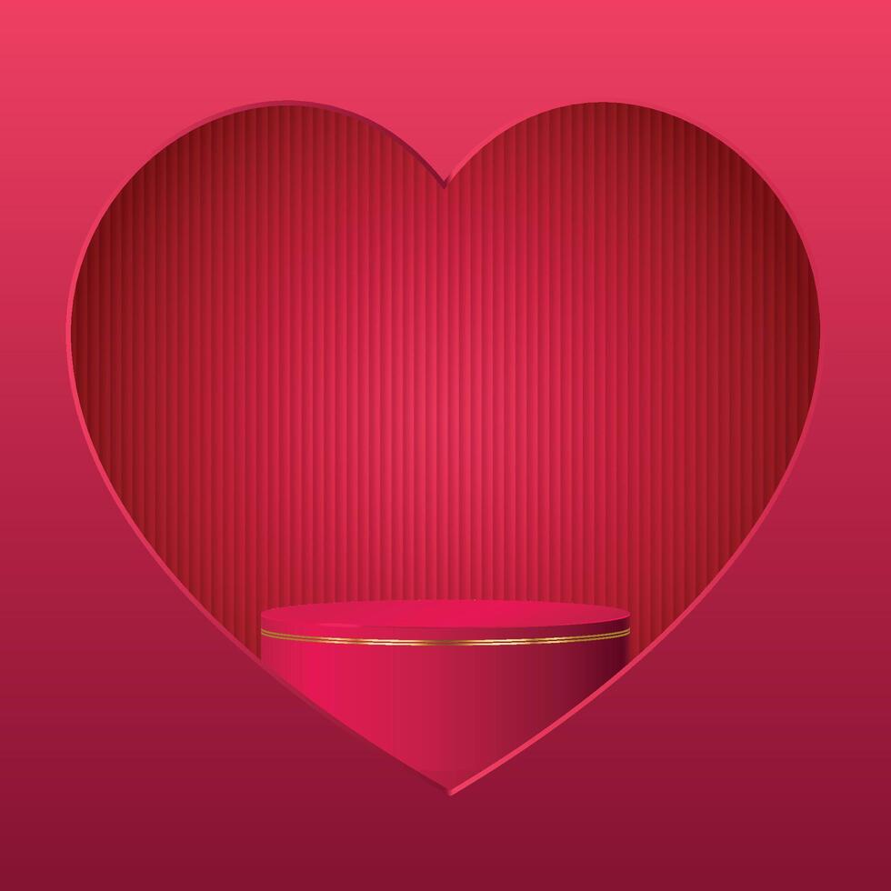 Happy valentine day dark red pink background with cylinder podium inside heart. geometric platform. Abstract mockup product display. Minimal scene. Stage showcase vector