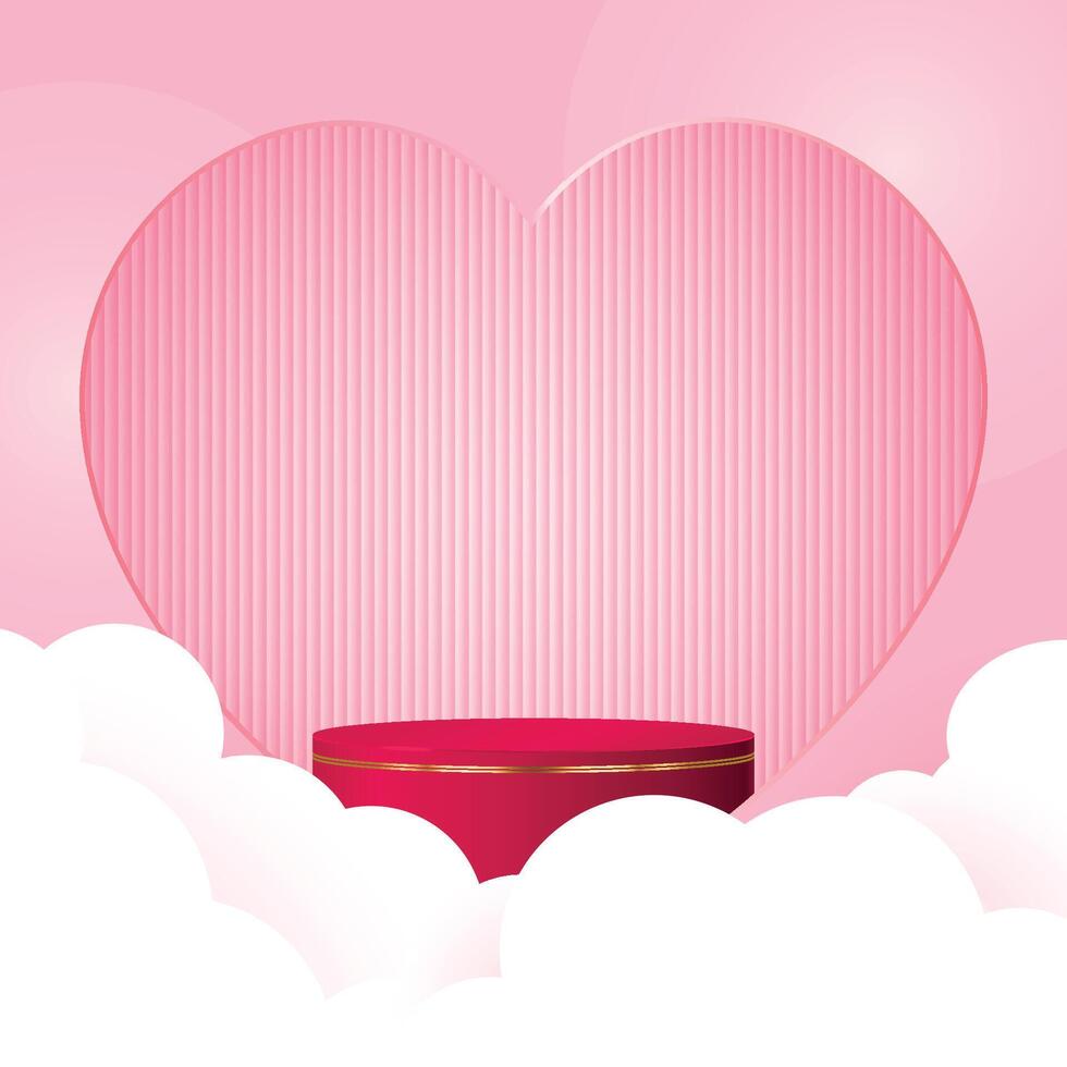 Happy valentine day pink background with cylinder podium and clouds. geometric platform. Abstract mockup product display. Minimal scene. Stage showcase vector