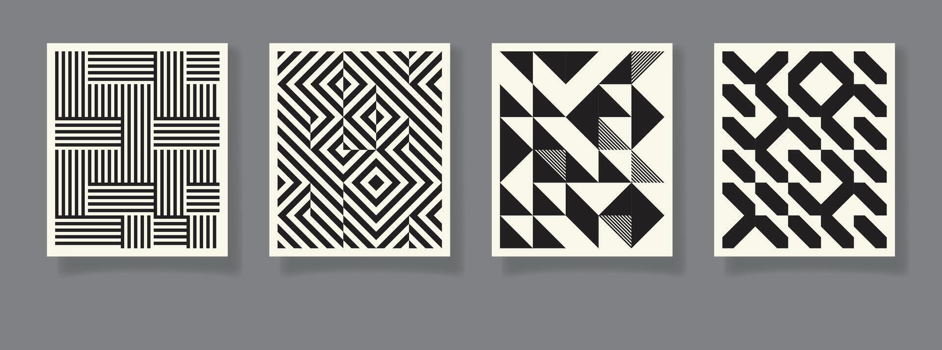 Retro set of four black and white geometric pattern minimal posters with 20s geometric design. Trendy bauhaus pattern background for cover design, poster vector