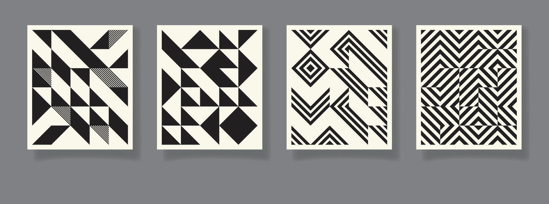Retro set of four black and white geometric pattern minimal posters with 20s geometric design. Trendy bauhaus pattern background for cover design poster vector