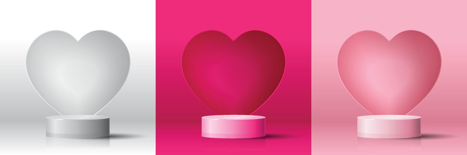 Set of 3D valentine day background white, magenta, pink cylinder podium with heart shaped background. geometric platform. Abstract mockup product display. Minimal scene. Stage showcase vector