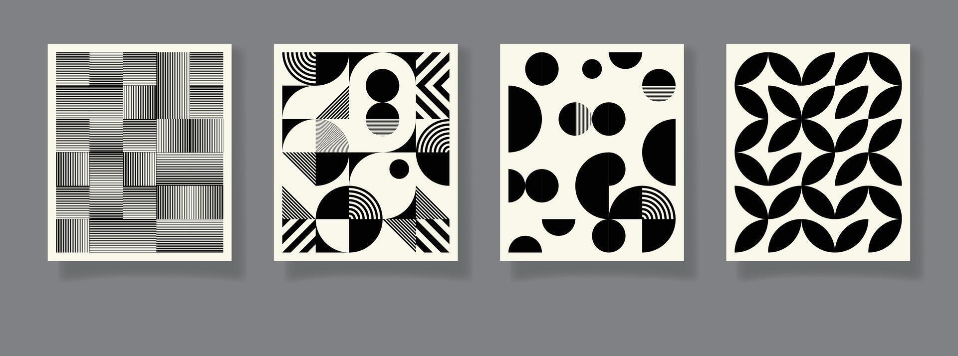 Retro se0t of 4 minimal vintage 20s geometric design posters, wall art, template, layout with primitive shapes elements. Bauhaus retro pattern background, abstract circle, triangles. vector