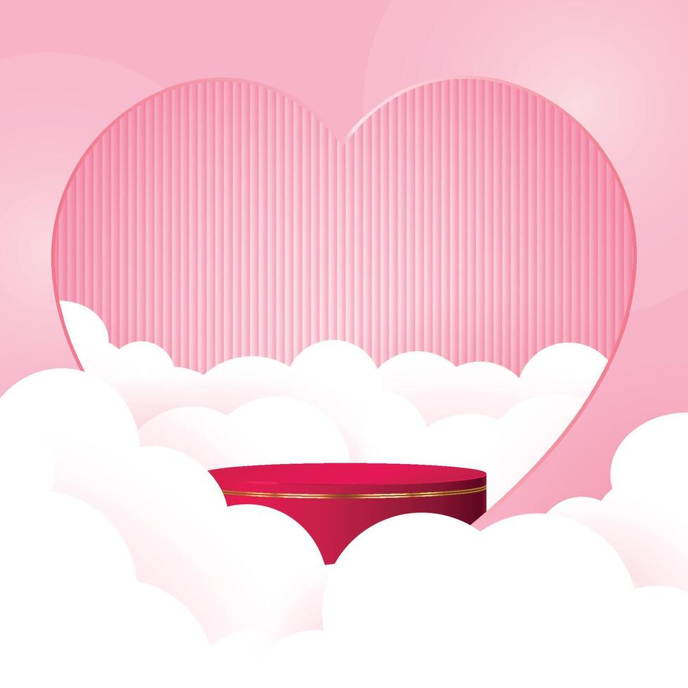 Happy valentine day pink background with cylinder podium surrounded with clouds. geometric platform. Abstract mockup product display. Minimal scene. Stage showcase vector
