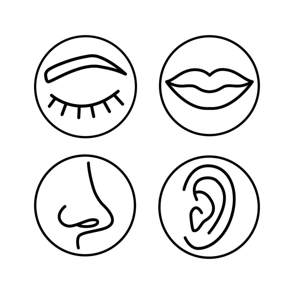 A set of icons for eyes, mouth, nose and ears. Icons of human organs in linear and flat design on a white background. Used in design, medicine, cosmetology vector