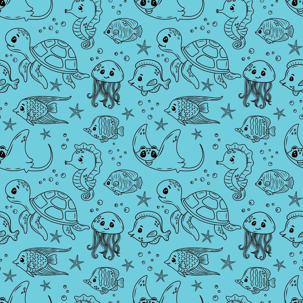Cute children's marine drawing with fish, starfish, jellyfish and shells on a blue background. Drawing for printing, children's textiles and wrapping paper vector