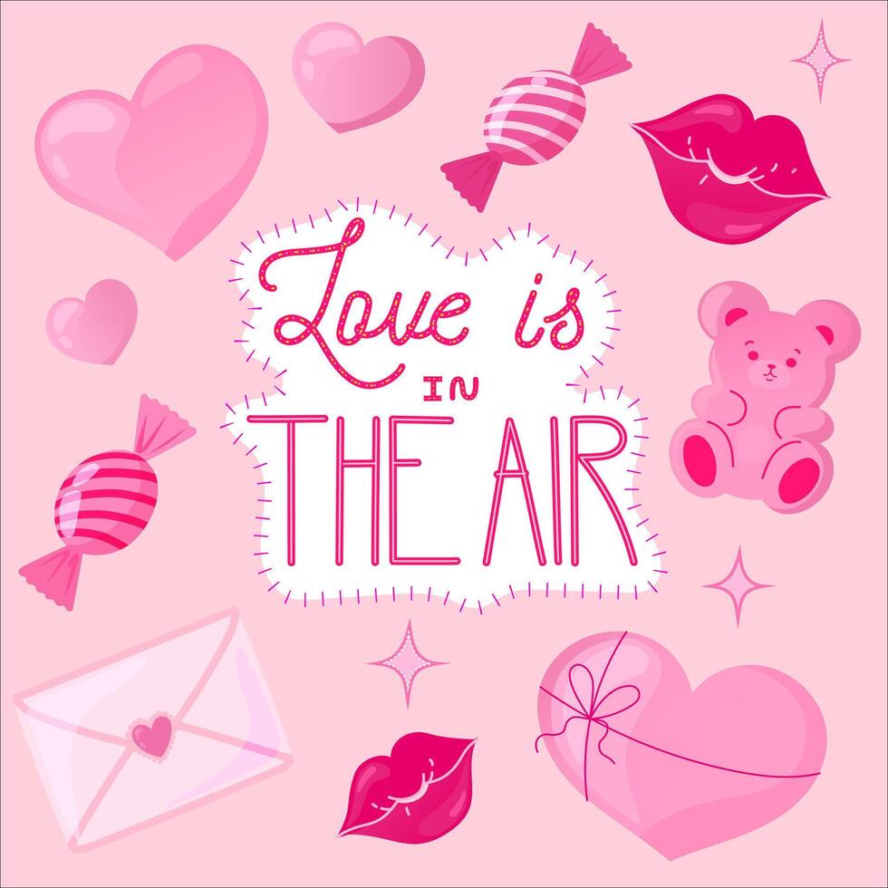 Set of cartoon style elements, love is in the air vector
