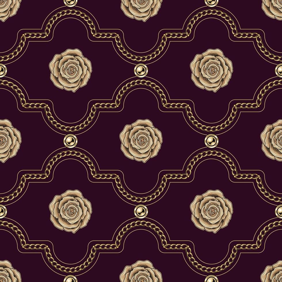Seamless luxury geometric pattern with jewelry gold chains, beads, rose flower. Classic geometric grid ornament. vector