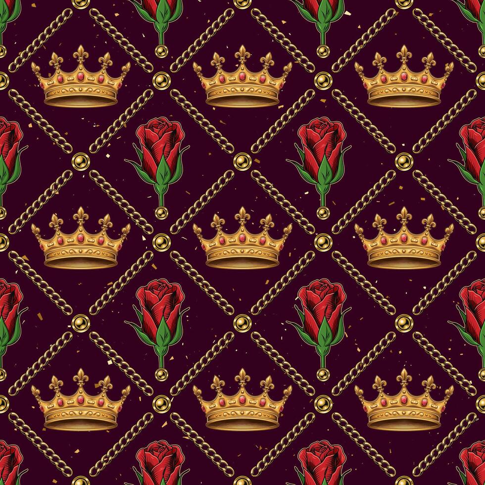 Diagonal cross line square grid with golden crown, red roses , jewelry chains. Seamless background. Vintage style. vector