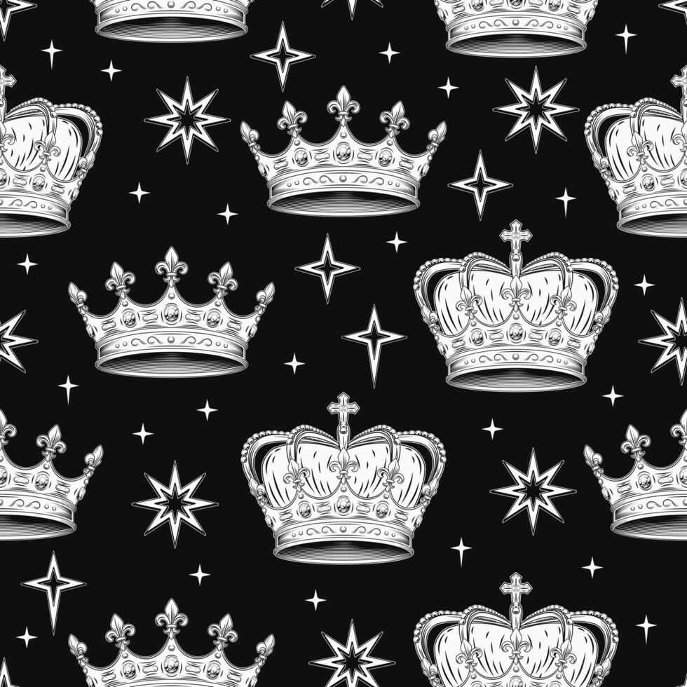 Vintage seamless pattern with medieval crowns, stars. Zigzag arranged objects on black background. vector