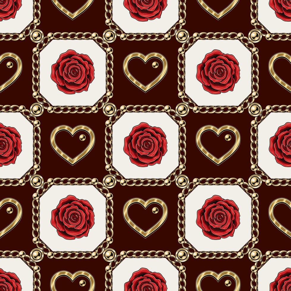 Checkered seamless pattern with jewelry chains, red roses, golden heart, chamfer squares. Classic grid. Detailed high contrast illustration in luxury vintage style. vector