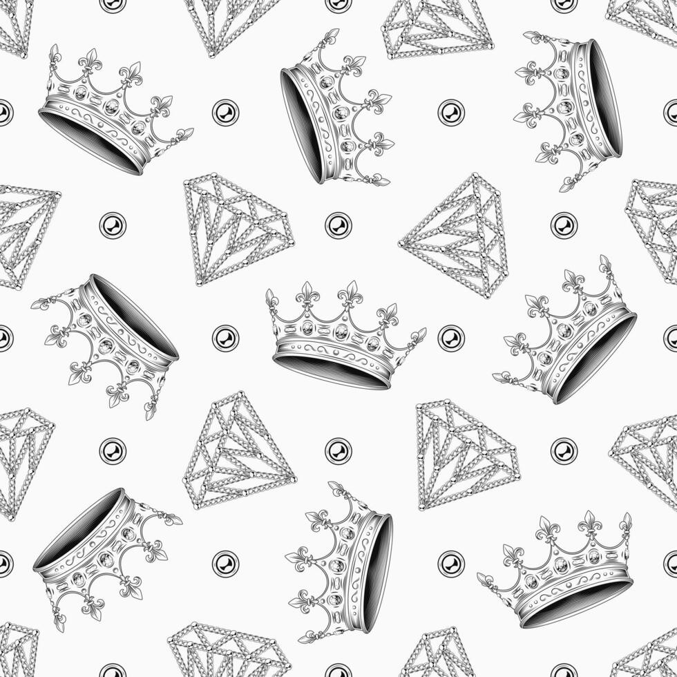 Seamless pattern with crown, diamonds, jewelry chains. White background. Vintage style. vector