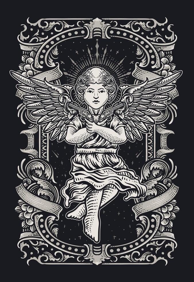 vintage style illustration of an angel holding pistols, surrounded by gothic details with engraving ornament vector