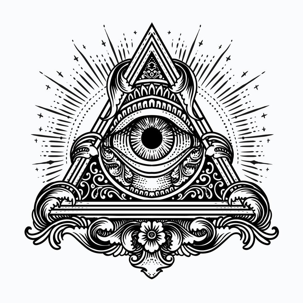 Illustration hand drawn All-Seeing Eye in Ornate Triangle with Cosmic Rays. vector