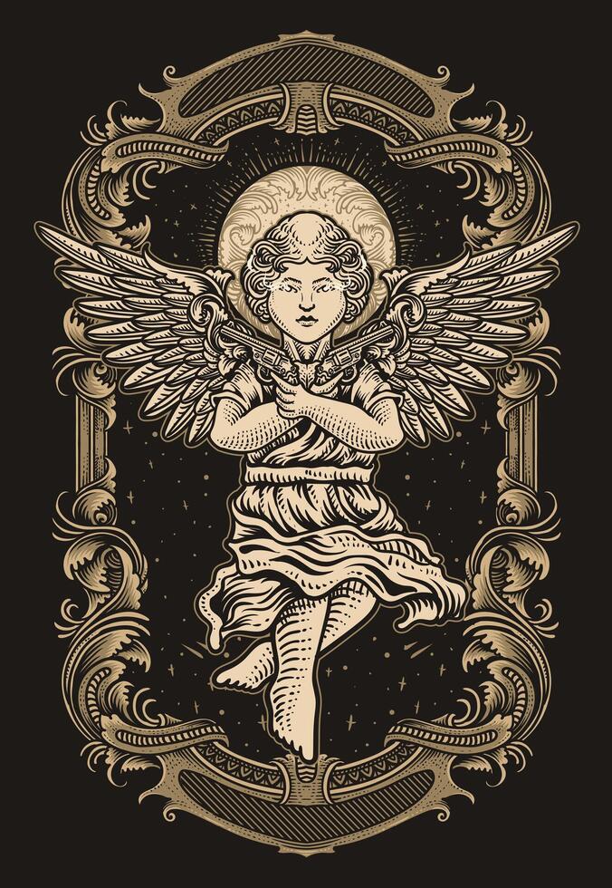 vintage style illustration of an angel holding pistols, surrounded by gothic details with engraving ornament style vector